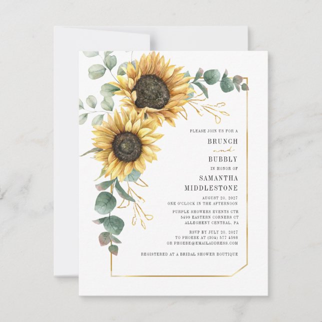 Solros Eukalyptus Brunch Bubbly Bröllopsdusch Inbjudningar (Framsida)