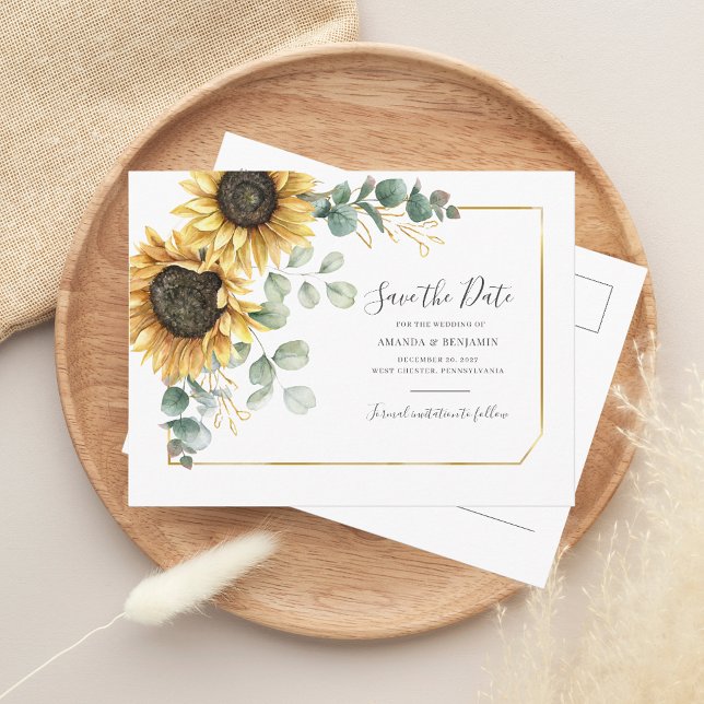 Solros Eukalyptus Geometrisk Spar Datum Meddelande Vykort (Sunflower Floral Eucalyptus Wedding Save the Date Morgana Script Announcement Postcard)