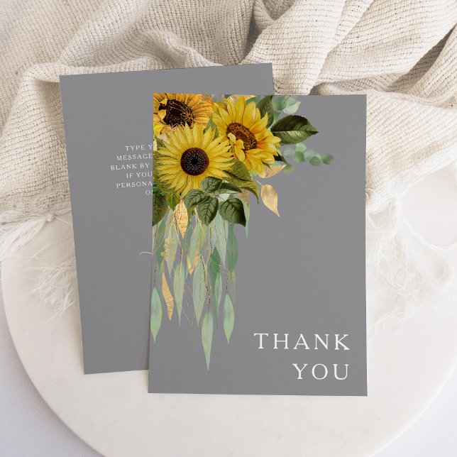 Solros Eukalyptus Grå Gul Höst Bröllop Tack Kort (Sunflower Eucalyptus Gray Yellow Fall Wedding Thank You Card)