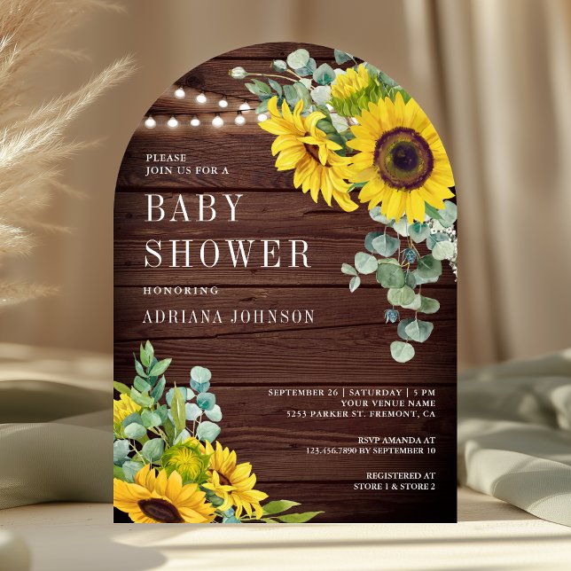 Solros Eukalyptus Lantlig Träbåge Baby Shower Inbjudningar (Skapare uppladdad)