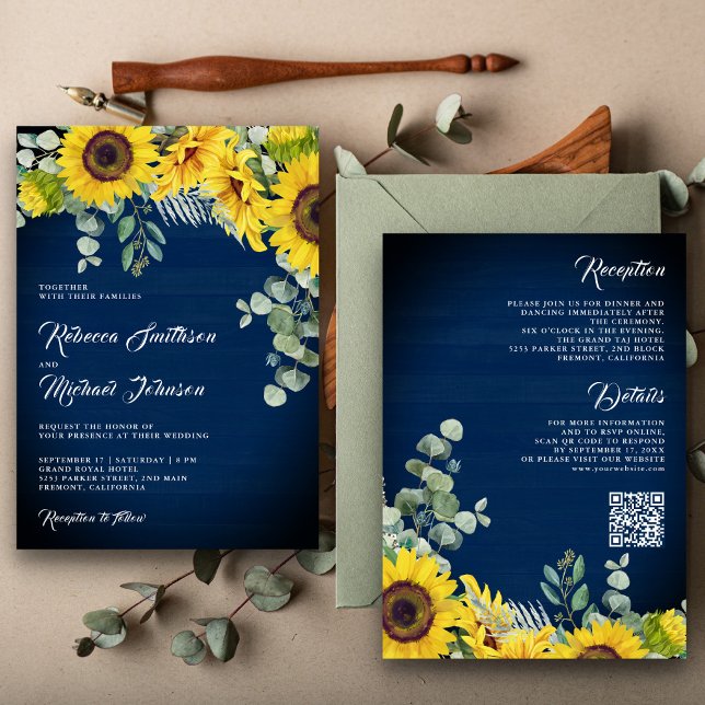 Solros Eukalyptus QR-kod Navy Blue Bröllop Inbjudningar (Skapare uppladdad)