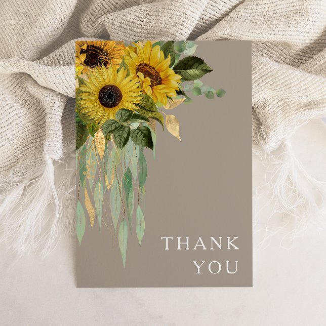 Solros Eukalyptus Taupe Höstbröllop Tack Kort (Sunflower Eucalyptus Taupe Fall Wedding Thank You Card)
