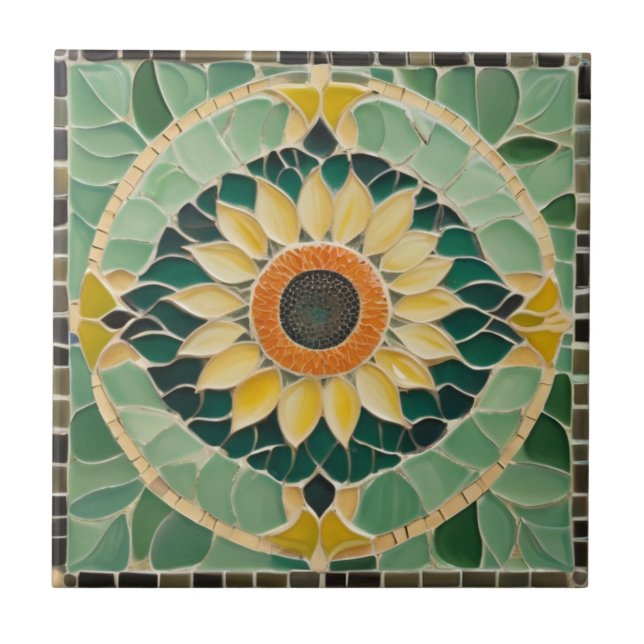 Solros Faux Mosaic Grönt Kakelplatta (Framsidan)