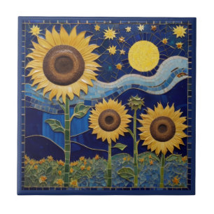 Solros Faux Mosaic Gult Solblommor Navy Blue Kakelplatta