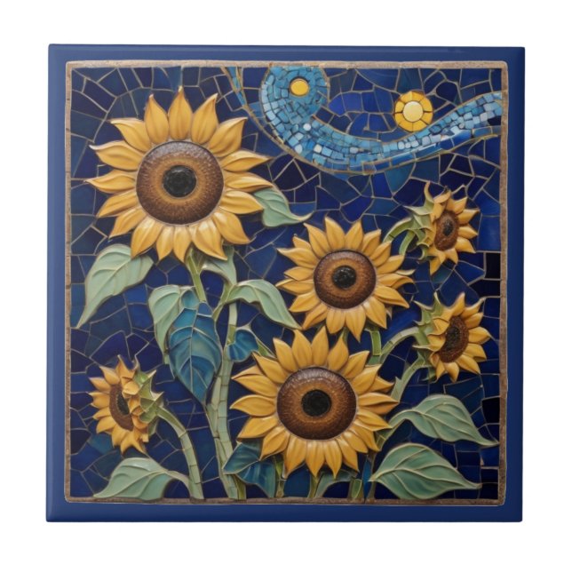 Solros Faux Mosaic Gult Solblommor Navy Blue Kakelplatta (Framsidan)