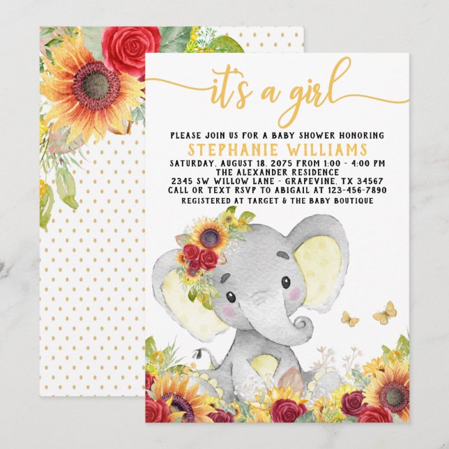 Solros Fjäril Elefant Baby Shower Inbjudningar (Fram/baksida)