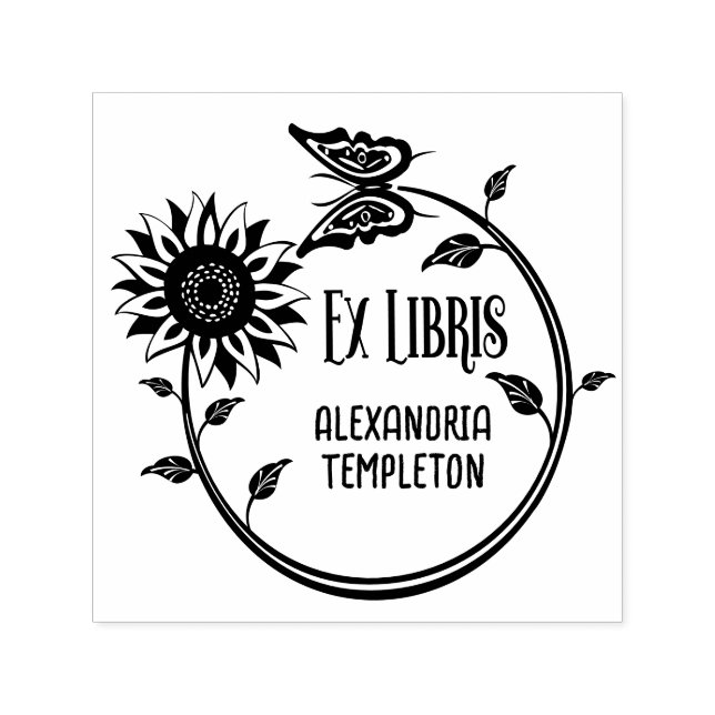 Solros fjäril Ex Libris bibliotek boknamn Självfärgande Stämpel (Design)