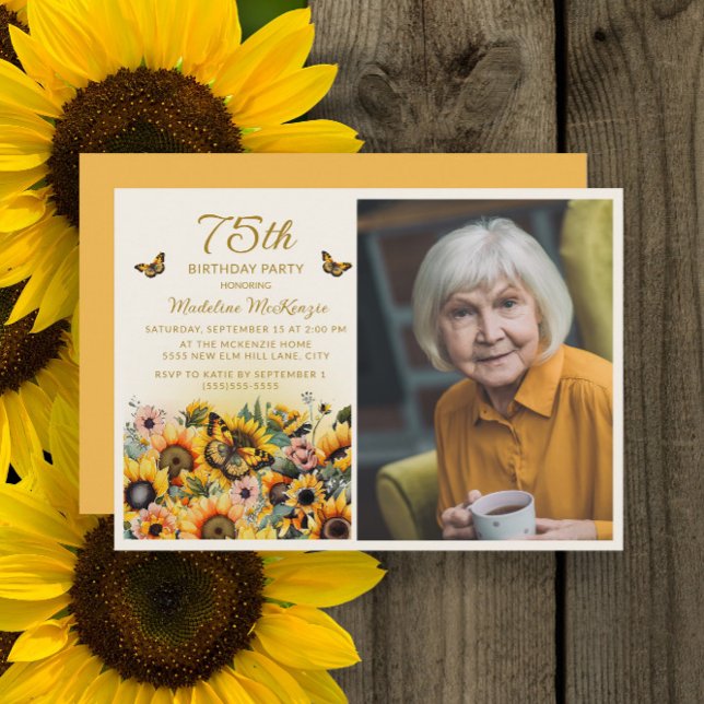 Solros Fjärilar 75-årsfirande foton Inbjudningar (Sunflowers and butterflies 75th birthday party photo invitation)