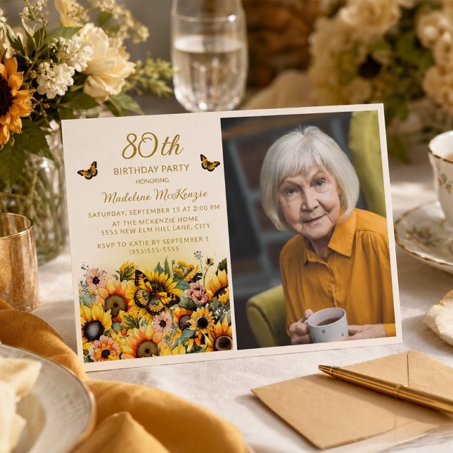 Solros Fjärilar 80-årsfest Foto Inbjudningar (Sunflowers and butterflies 80th birthday party photo invitation)