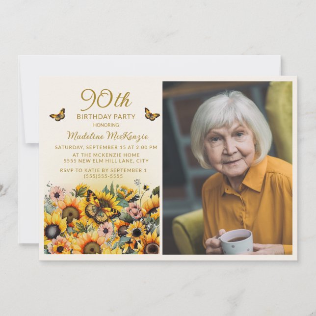 Solros Fjärilar 90-årsfest Foto Inbjudningar (Framsida)
