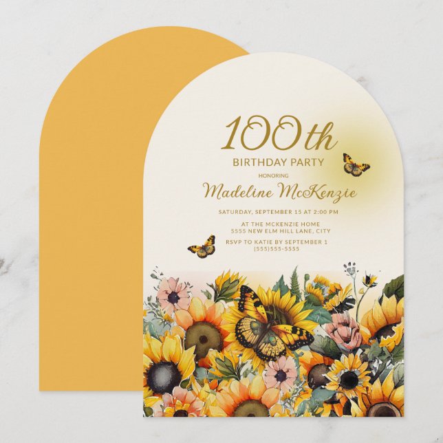 Solros Fjärilar Båge 100-årsfest Inbjudningar (Fram/baksida)