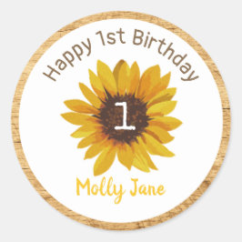 Solros Första Födelsedag Rustik Trä Runt Klistermärke