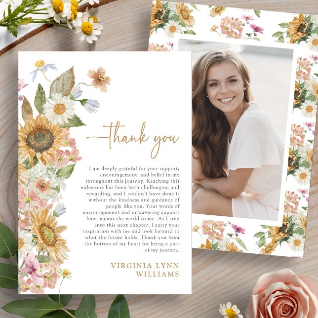 Solros Foto Examen Tacksamhetskort Tack Kort (Sunflower Photo Graduation Thank You Card by Painted Paperie
)