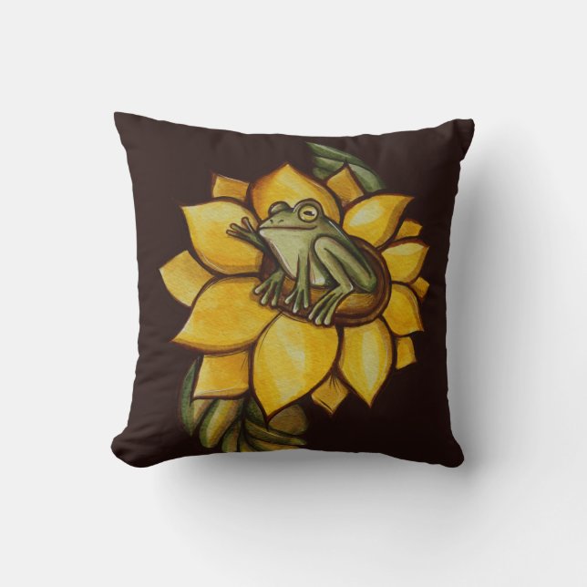 Solros Frog Blommigt Froggy Flower Kudde (Framsida)