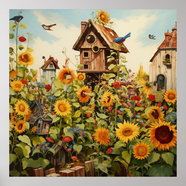 Solros Garden 11 Bird Houses Blue Birds Poster (Framsidan)