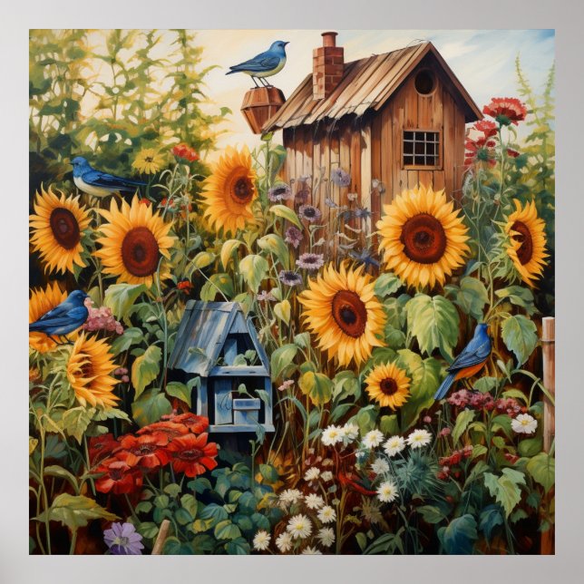 Solros Garden 3 Bird Houses Blue Birds Poster (Framsidan)