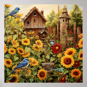 Solros Garden 4 Bird Houses Blue Birds Poster