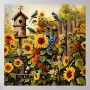 Solros Garden 5 Bird Houses Blue Birds Poster
