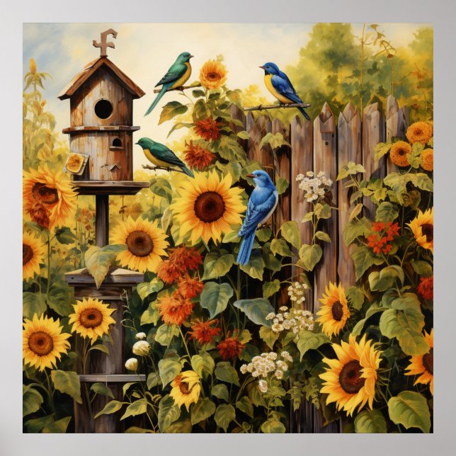 Solros Garden 5 Bird Houses Blue Birds Poster (Framsidan)