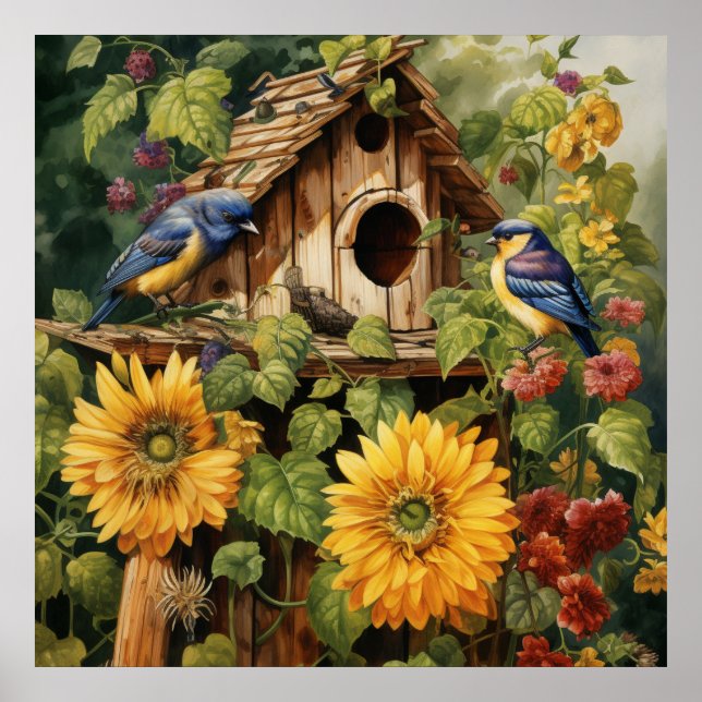 Solros Garden 6 Bird Houses Blue Birds Poster (Framsidan)
