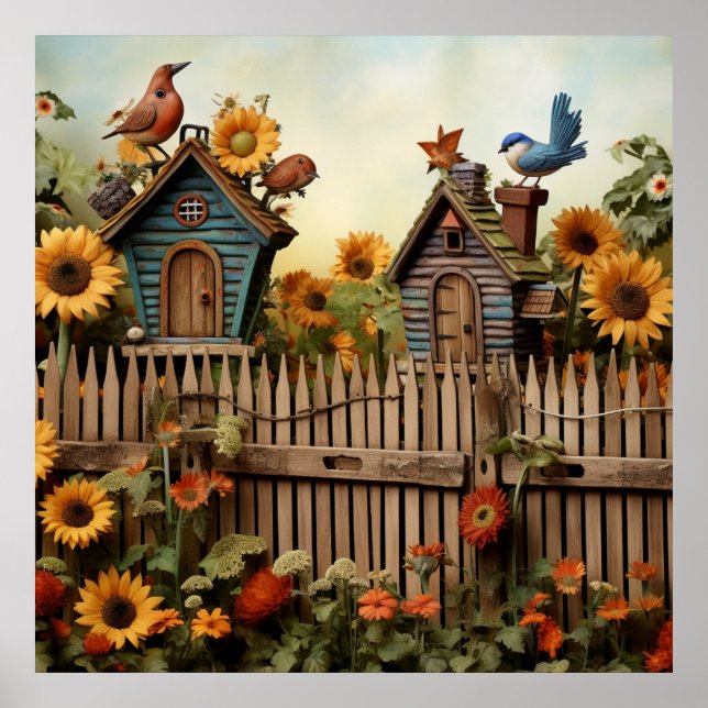 Solros Garden 7 Bird Houses Blue Birds Poster (Framsidan)