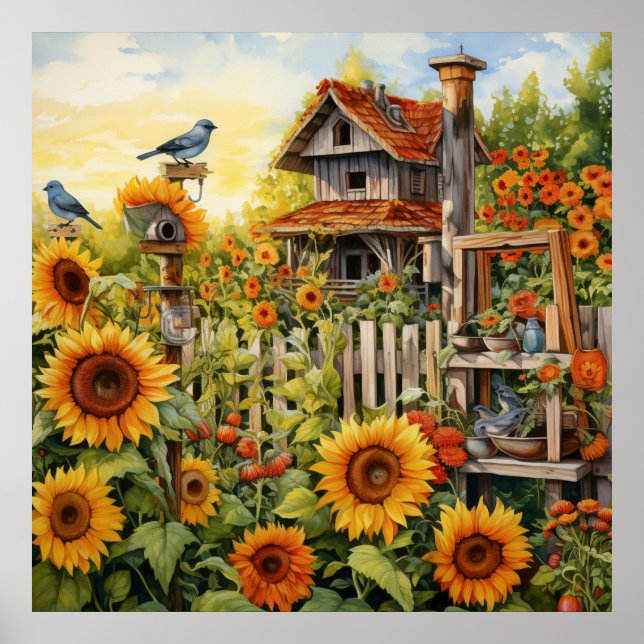 Solros Garden 9 Bird Houses Blue Birds Poster (Framsidan)