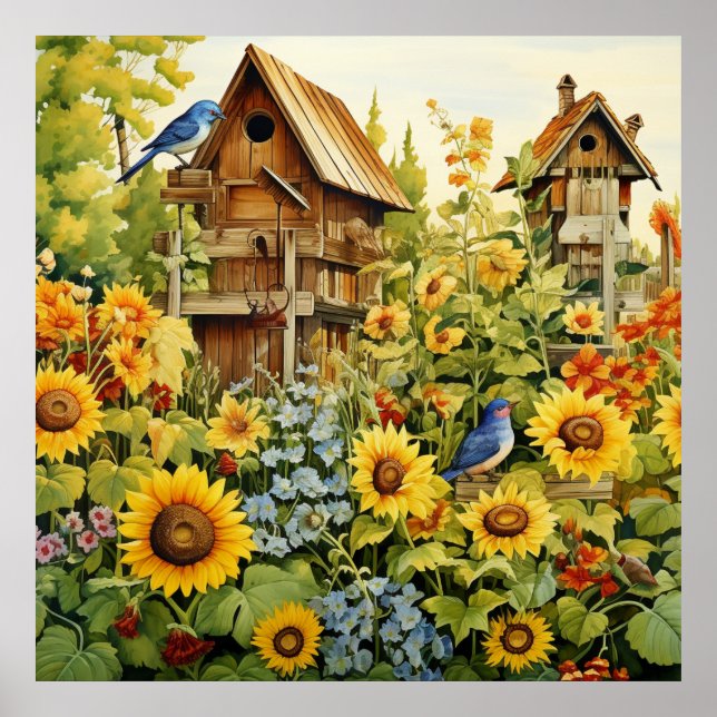 Solros Garden Bird Houses Blue Birds Poster (Framsidan)