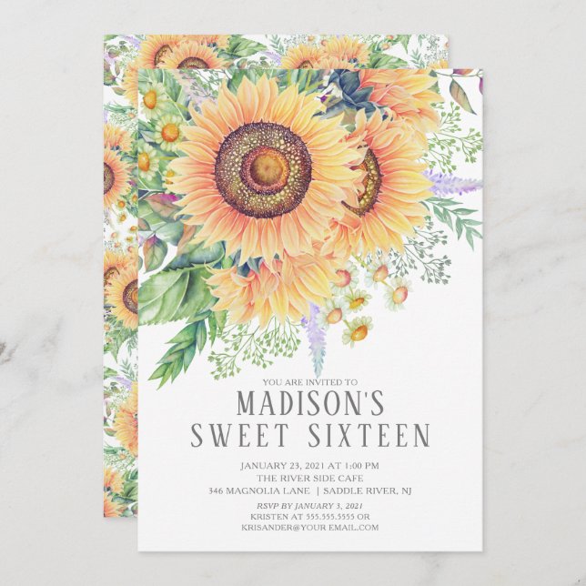 Solros Garden Blommigt Sweet sixteen Party Inbjudningar (Fram/baksida)