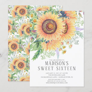 Solros Garden Blommigt Sweet sixteen Party Inbjudningar