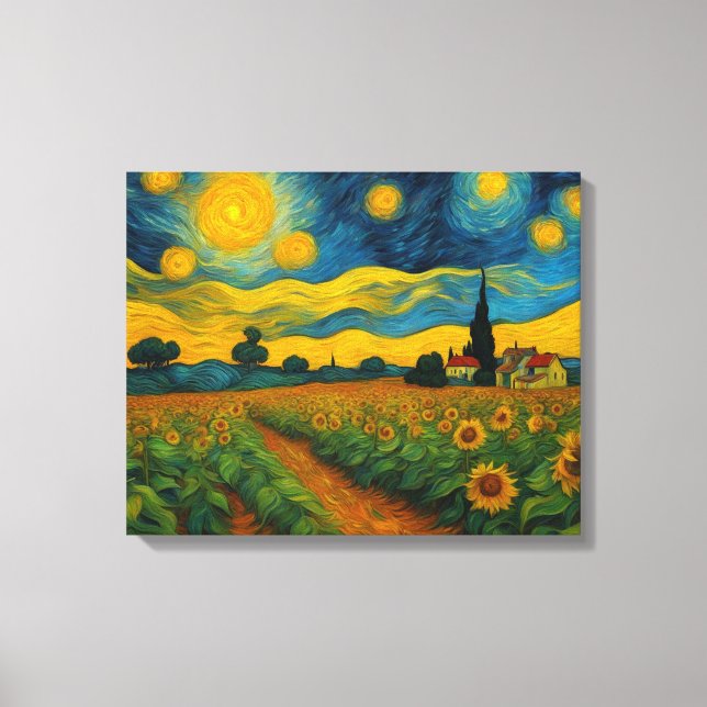 Solros Garden på en stjärnnatt Canvastryck (Framsida)