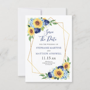Solros Geometric Dusty Blue Navy Blommigt Bröllop Spara Datumet