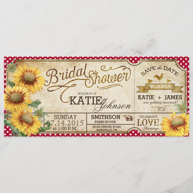 Solros Gingham Country Picknick Bröllopsfest Spara Datumet (Framsida)