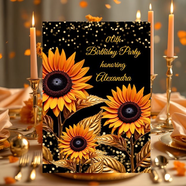 Solros Glitter Orange Guld Svart Födelsedag Inbjudningar (Skapare uppladdad)