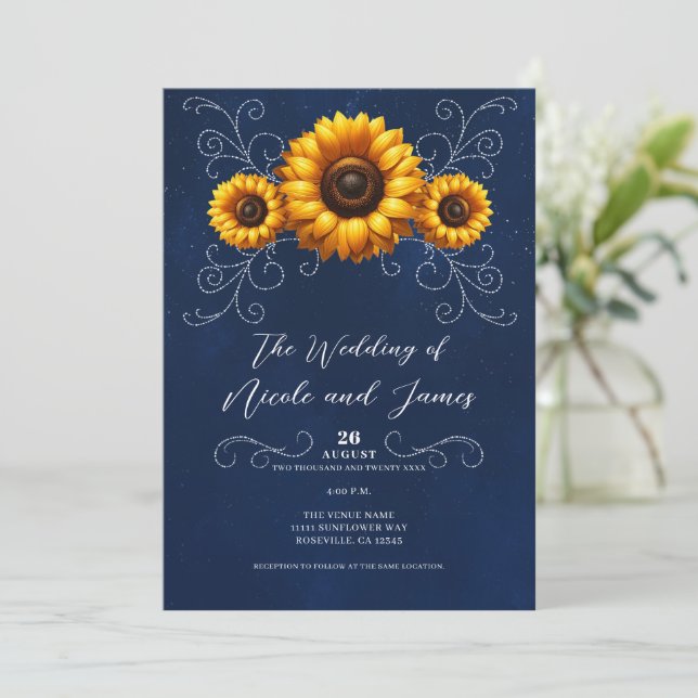 Solros Gnistra Blue Rustic Glam Bröllop Inbjudningar (Stående Fram)