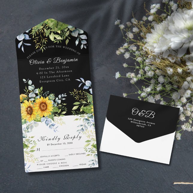 Solros Greenery Black and White OSA Bröllop (Sunflower Greenery Black and White RSVP Wedding All In One Invitation )