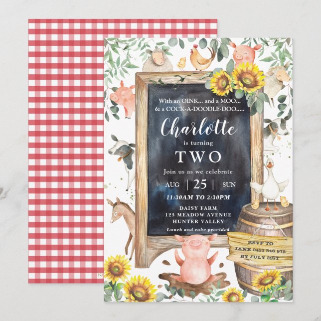 Solros Greenery Boskap Barnyard Birthday Inbjudningar (Fram/baksida)
