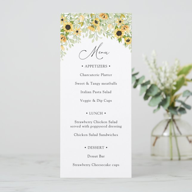 Solros Greenery Calligraphy Menu Inbjudningar (Stående Fram)