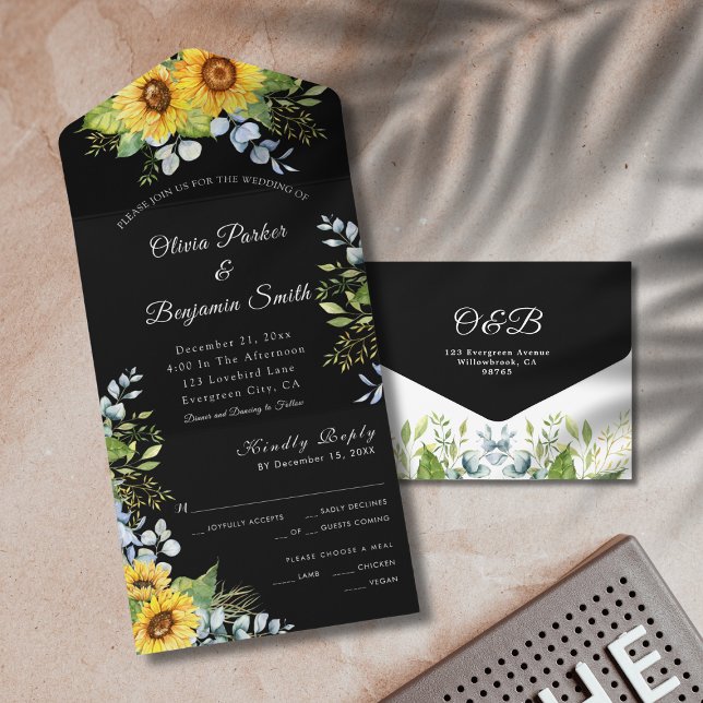Solros Greenery Foliage Black White Bröllop (Sunflower Greenery Foliage Black White Wedding All In One Invitation)