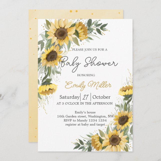 Solros Greenery Watercolor Baby Shower Inbjudningar (Fram/baksida)