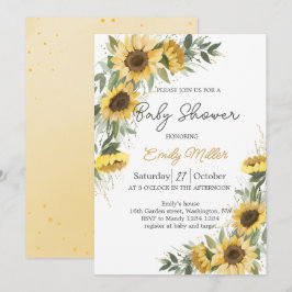 Solros Greenery Watercolor Baby Shower Inbjudningar