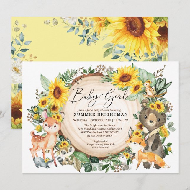 Solros Greenery Woodland Animals Baby Shower Inbjudningar (Fram/baksida)