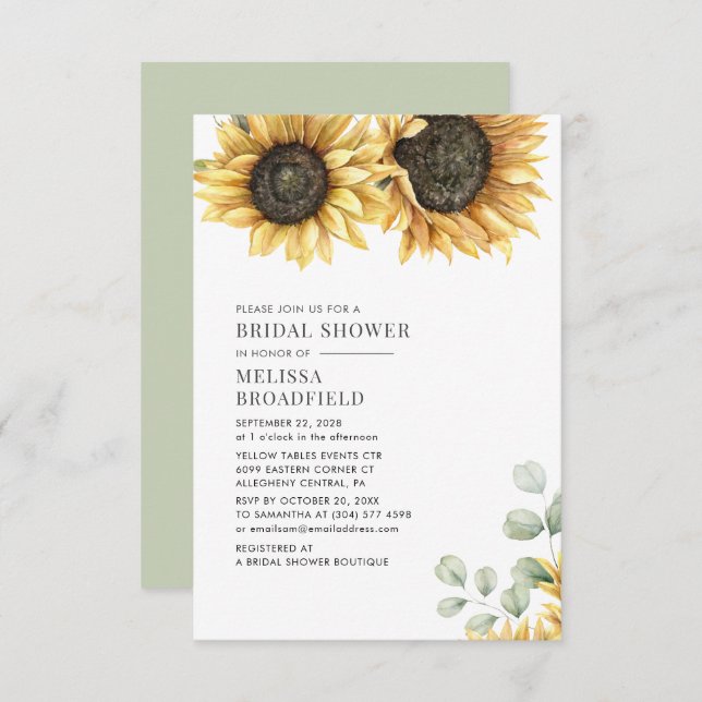 Solros Grönska Vattenfärg Blommig Bröllopsdusch Inbjudningar (Fram/baksida)