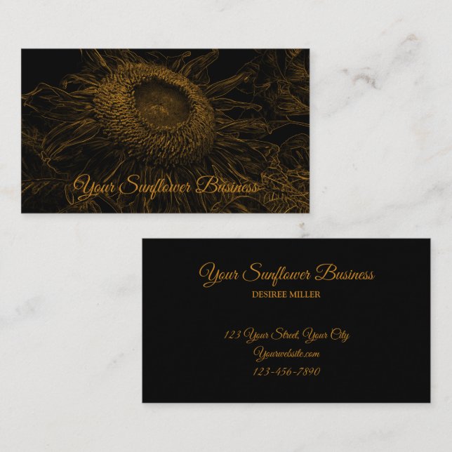 Solros Guld Black Blommigt Art Elegant Luxury Visitkort (Fram/baksida)