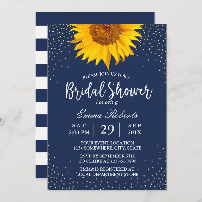 Solros Guld Confetti Navy Blue Möhippa Inbjudningar (Fram/baksida)