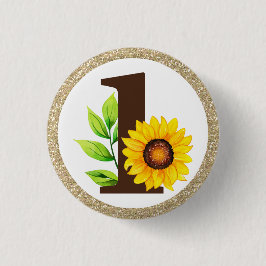 Solros & Guld ONE Babyflicka 1-års födelsedagsfest Knapp