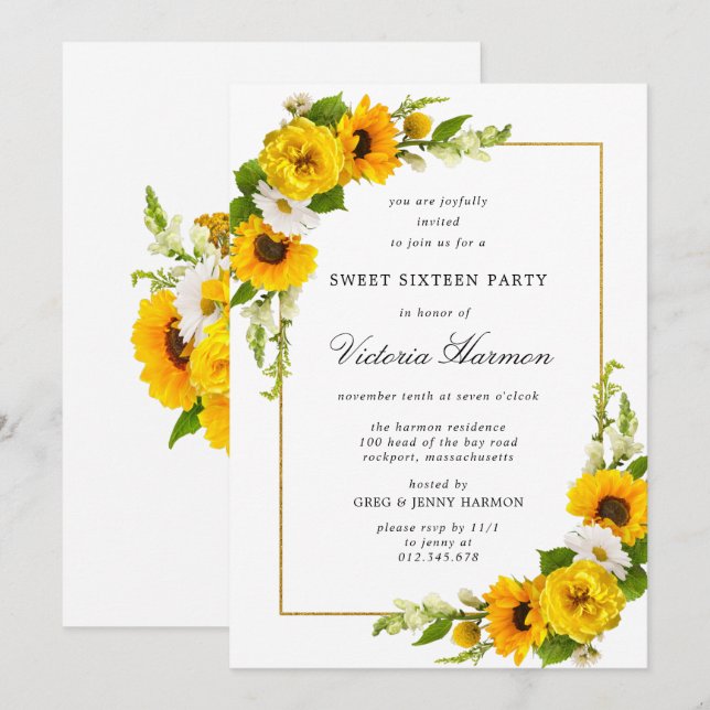 Solros Guld Ram Sweet 16 Party Inbjudningar (Fram/baksida)