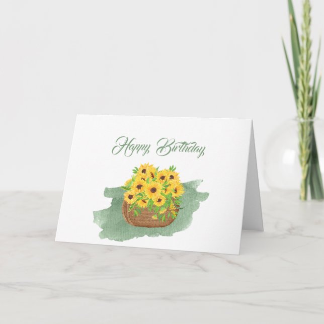 Solros Gult Basket Blommigt Watercolor Birthday Kort (Framsida)