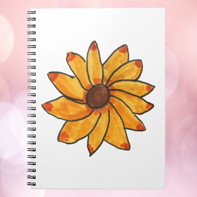 Solros Gult Bläck Hand plockade Anteckningsbok (A notebook with a hand drawn sunflower with red and orange tips.)