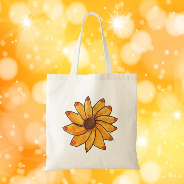 Solros Gult Hand plockade Bläck Tygkasse (A tote bag with a hand drawn sunflower)