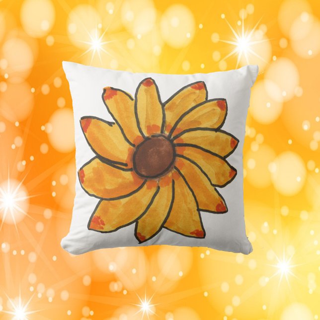 Solros Gult Hand plockade Kudde (A throw pillow with a hand drawn yellow flower.)